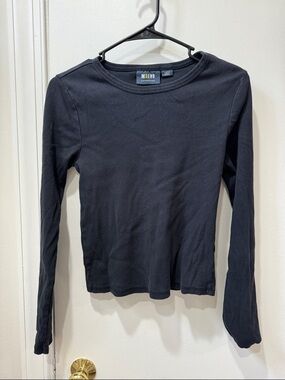 Maeve by Anthropologie Black Ribbed Long-Sleeve Crewneck Semi Cropped Top